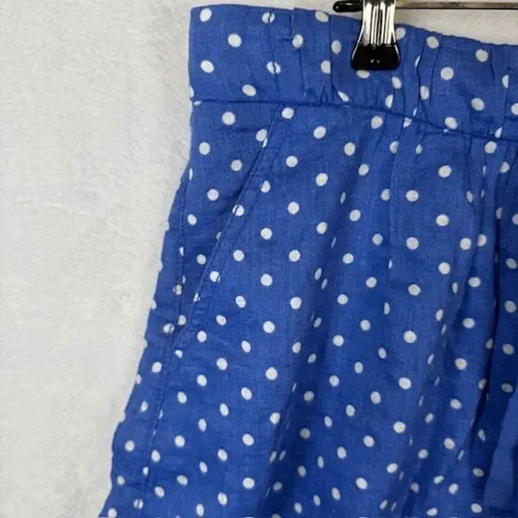 J. Crew 100% Linen Drawstring Mini Skirt Blue White Polkadot Pockets Size 8 - Picture 2 of 11